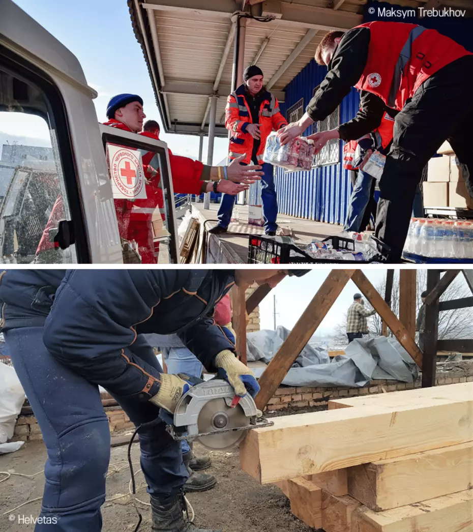 Volunteers are distributing water and food and working on construction with a circular saw - sustainable help on the ground.