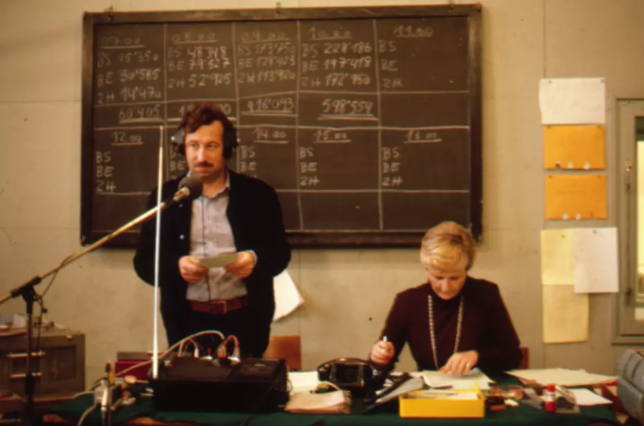 Two radio moderators during an early Swiss Solidarity broadcast – the roots of the foundation in public radio.