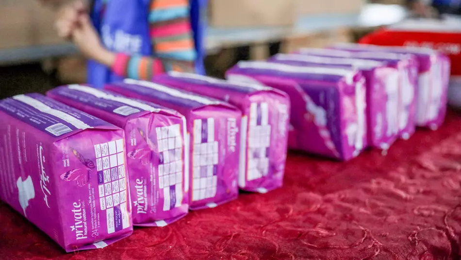 Hygiene products ready for distribution - donations guarantee health and dignity in crisis zones.